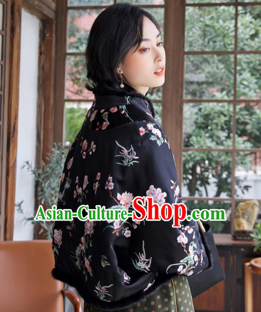 Chinese Tang Suit Embroidered Orchid Black Cotton Padded Jacket Women Outer Garment Traditional National Costume