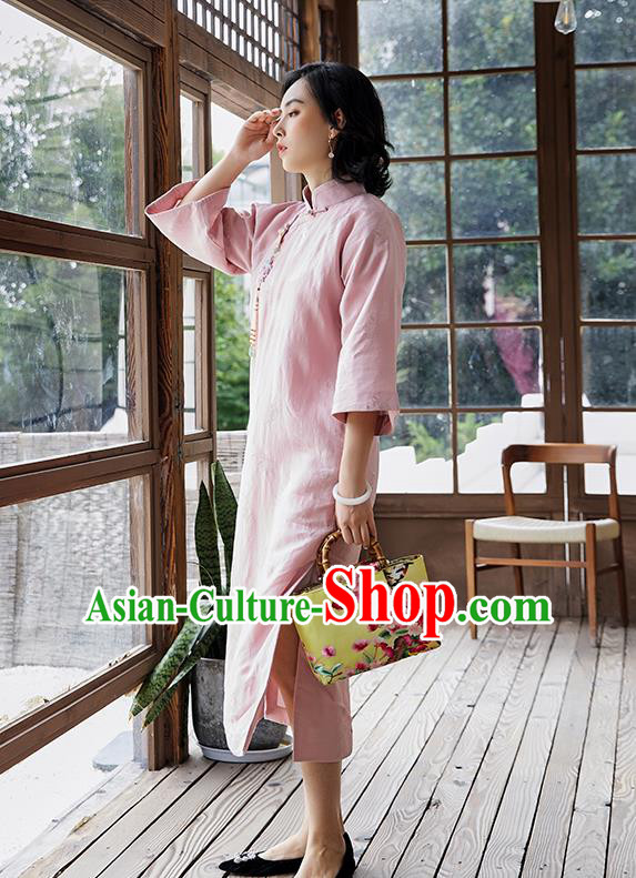 China Traditional Women Pink Cheongsam National Clothing Classical Winter Cotton Padded Qipao Dress