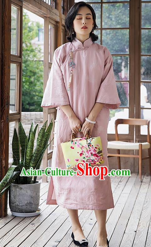 China Traditional Women Pink Cheongsam National Clothing Classical Winter Cotton Padded Qipao Dress