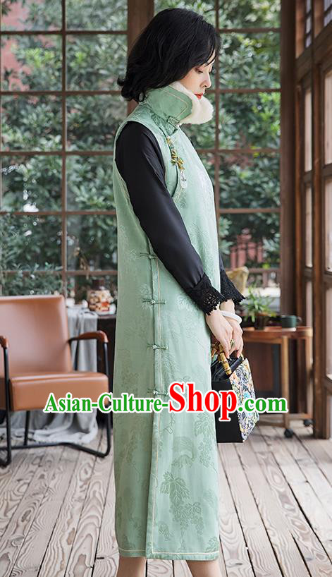 China Traditional Women Green Satin Cheongsam National Clothing Classical Cotton Padded Long Qipao Dress