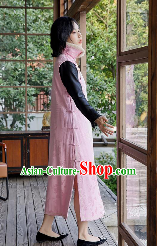 China Classical Cotton Padded Long Qipao Dress Traditional Women Pink Satin Cheongsam National Clothing