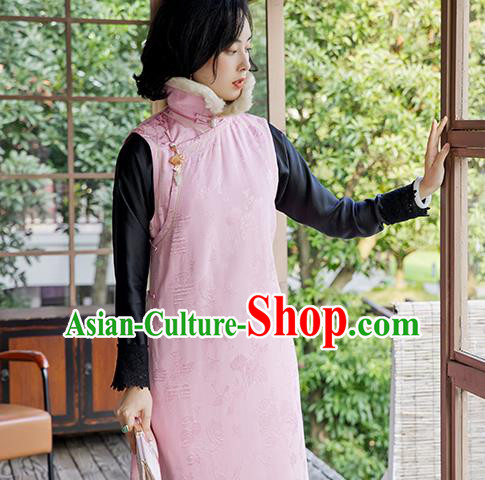 China Classical Cotton Padded Long Qipao Dress Traditional Women Pink Satin Cheongsam National Clothing