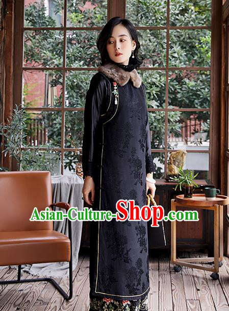 China Classical Cotton Padded Qipao Dress Traditional National Clothing Women Black Satin Long Cheongsam