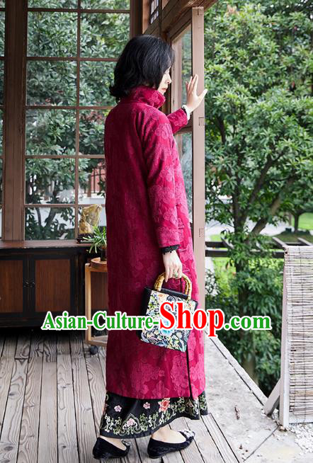 China Rosy Quilted Qipao Dress Traditional National Clothing Women Winter Classical Long Cheongsam