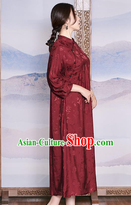 Women Classical Cheongsam Republic of China Wine Red Qipao Dress Traditional National Clothing
