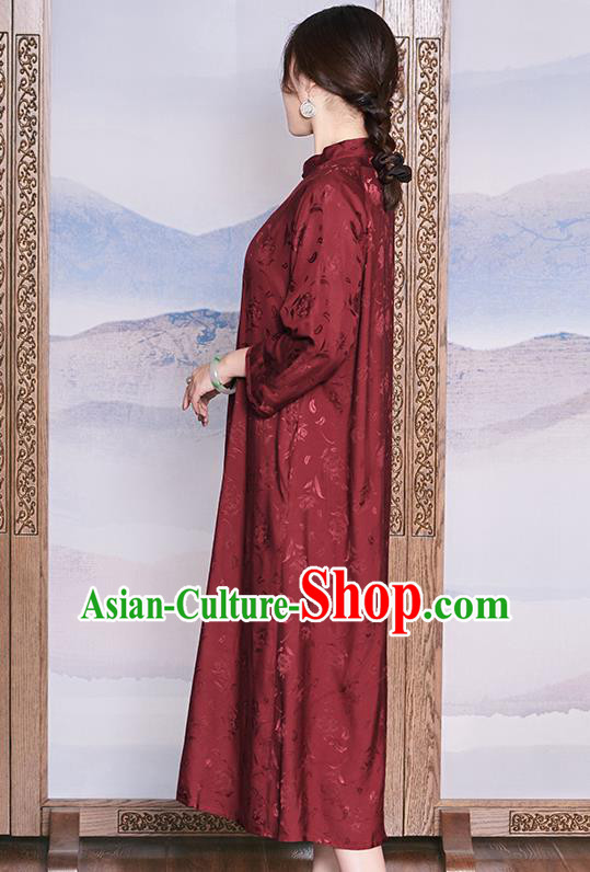 Women Classical Cheongsam Republic of China Wine Red Qipao Dress Traditional National Clothing