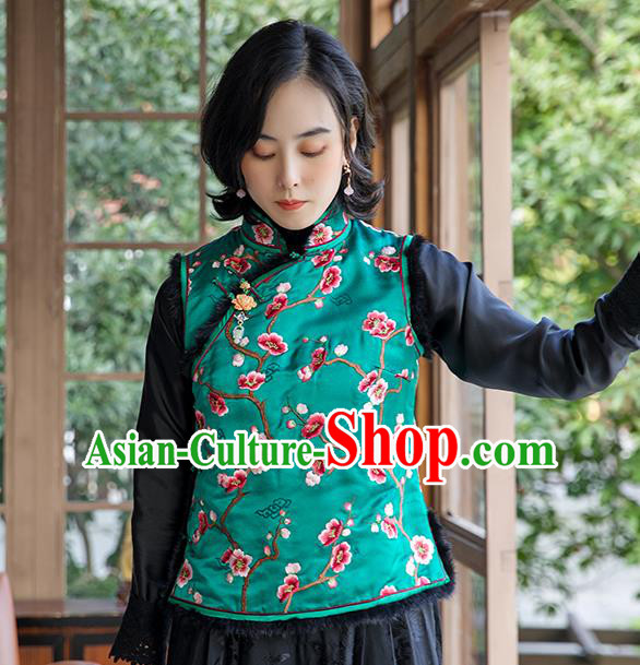China Traditional Women Qipao Upper Outer Garment National Clothing Classical Cheongsam Silk Waistcoat Embroidered Plum Green Vest