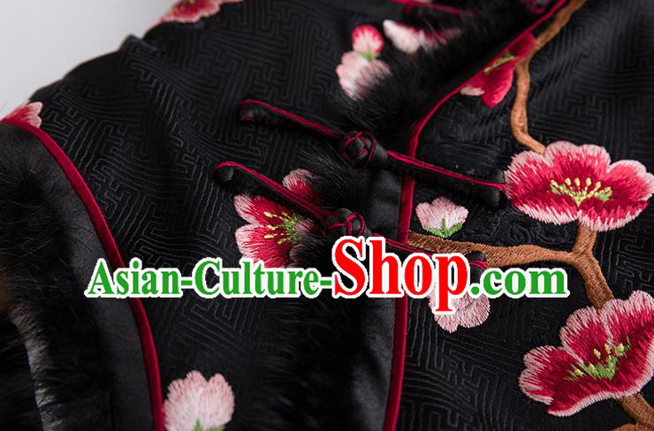 China Classical Embroidered Plum Black Silk Vest National Clothing Traditional Women Upper Outer Garment