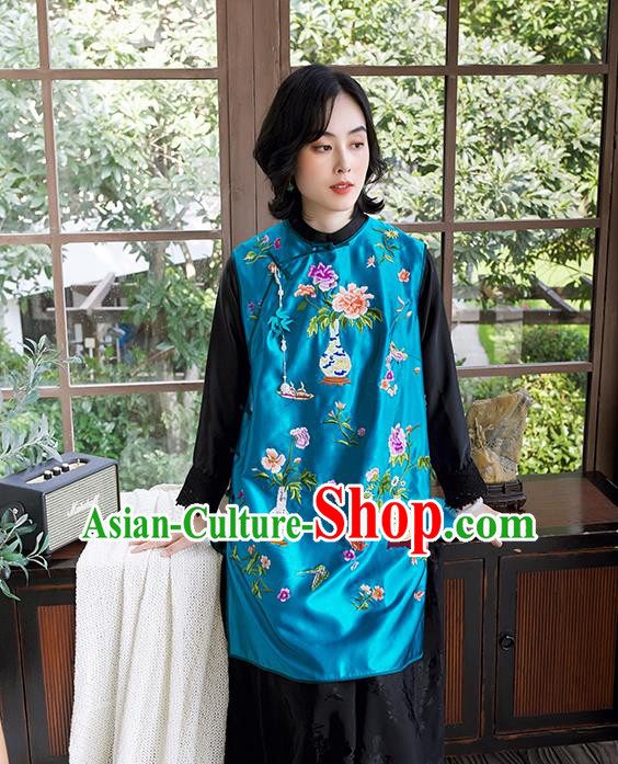 China Embroidered Blue Silk Qipao Vest Women Classical Cheongsam Waistcoat Traditional National Clothing
