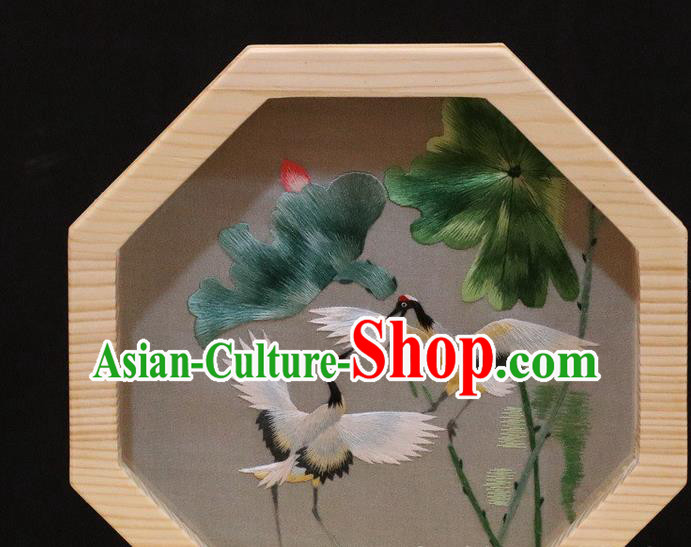 China Embroidery Crane Lotus Craft Handmade Wood Desk Screen Traditional Table Decoration