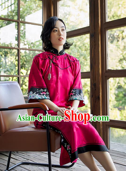 China Embroidered Magenta Silk Qipao Women Classical Long Cheongsam Traditional Dress Clothing