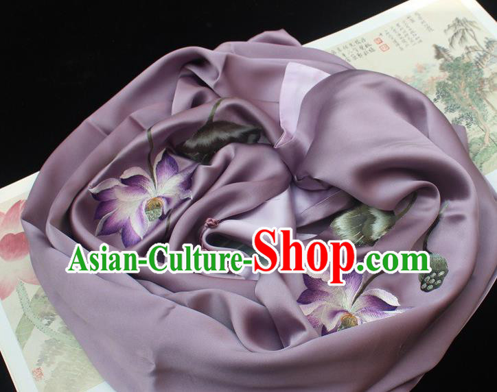 China Traditional Cheongsam Accessories Handmade Purple Silk Scarf Embroidered Lotus Tippet