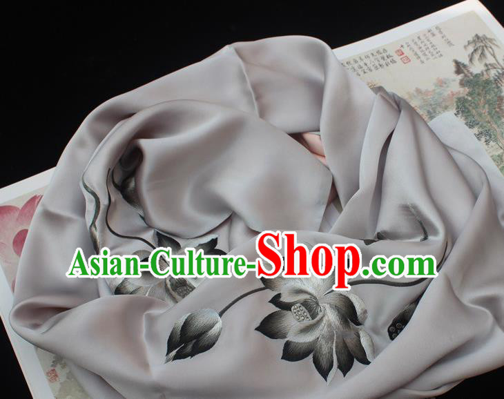 China Handmade Suzhou Embroidery Grey Silk Scarf Embroidered Lotus Tippet Traditional Cheongsam Accessories