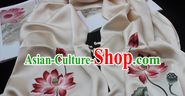 China Embroidered Lotus Beige Silk Tippet Traditional Cheongsam Accessories Handmade Suzhou Embroidery Scarf