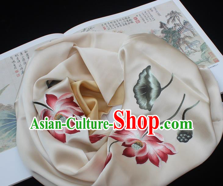 China Embroidered Lotus Beige Silk Tippet Traditional Cheongsam Accessories Handmade Suzhou Embroidery Scarf