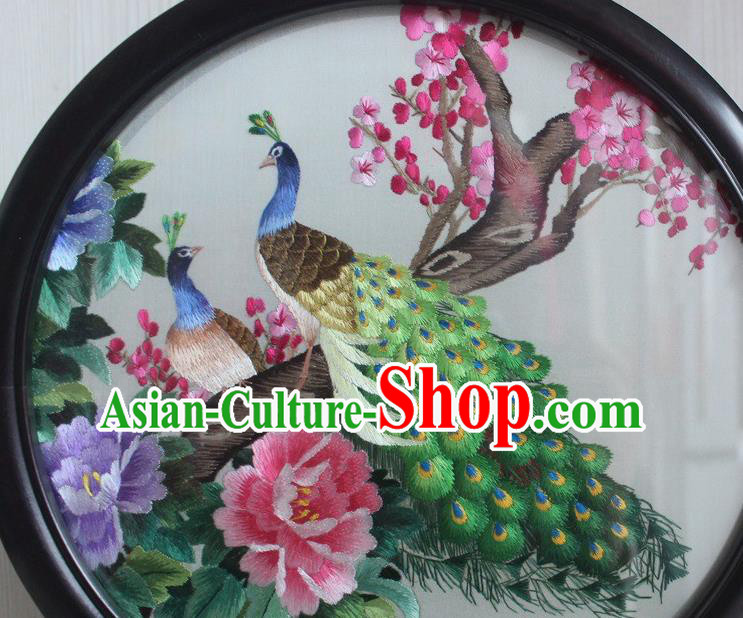 China Handmade Round Desk Screen Traditional Embroidery Peacock Peony Craft Rosewood Table Decoration