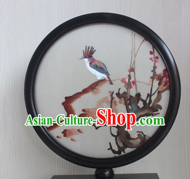 China Traditional Embroidery Plum Bird Craft Rosewood Table Decoration Handmade Round Desk Screen