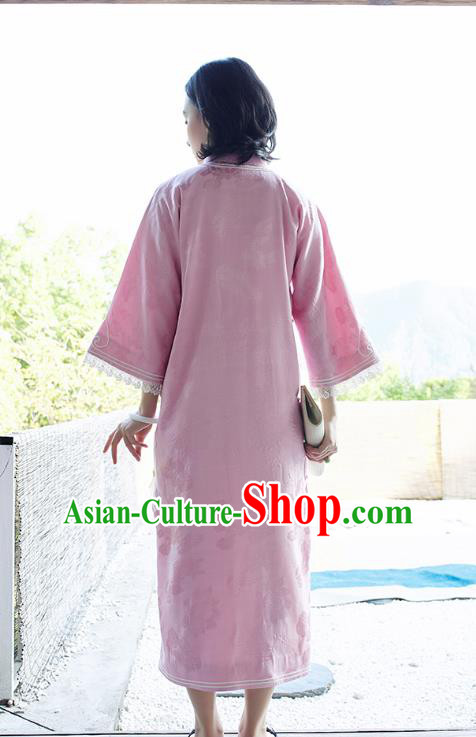 China Wide Sleeve Cheongsam Traditional Embroidered Pink Qipao Women Classical Dress Clothing