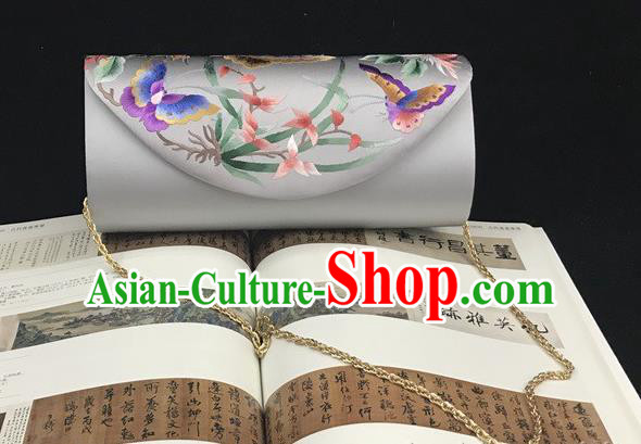 China National Bag Traditional Grey Silk Handbag Handmade Suzhou Embroidery Orchids Clutch Bag