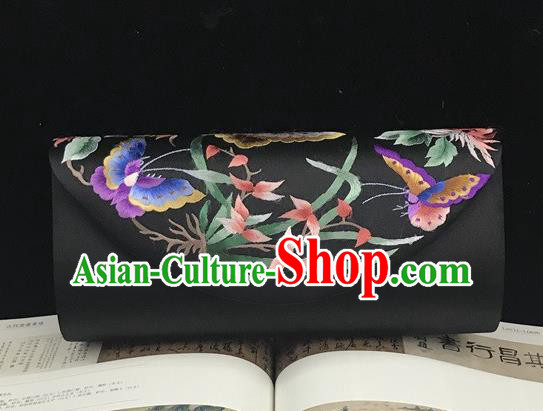 Handmade Suzhou Embroidery Orchids Clutch Bag China Traditional Black Silk Handbag National Chain Bag