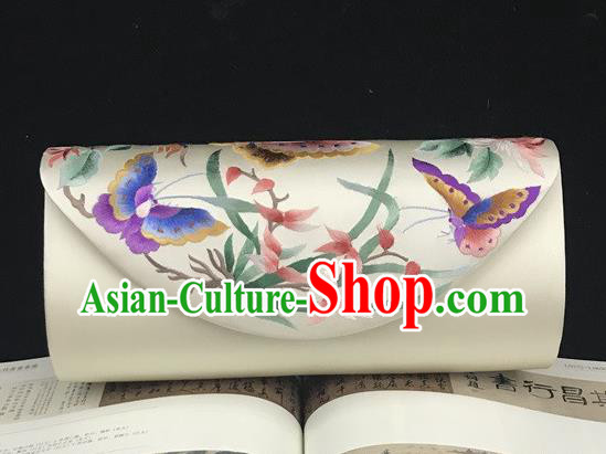 Beige Silk Clutch Bag Traditional China National Chain Bag Handmade Suzhou Embroidery Orchids Handbag