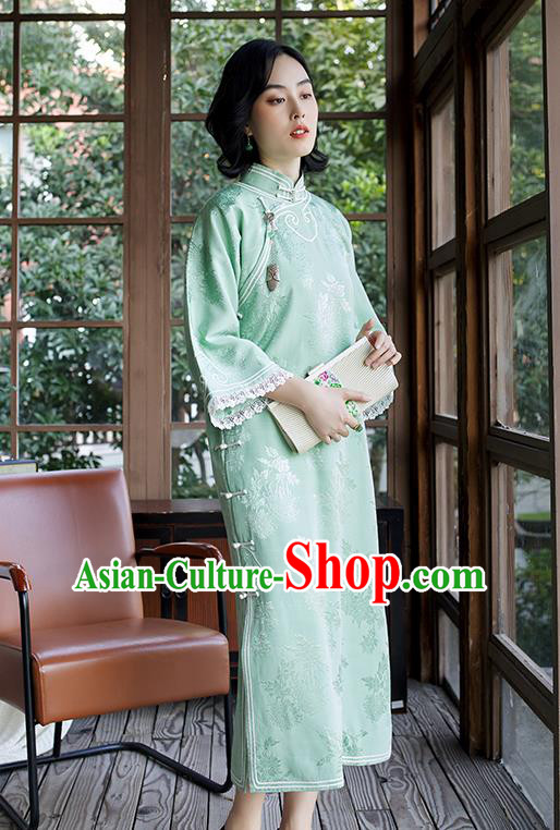 China Women Classical Dress Clothing Wide Sleeve Cheongsam Traditional Embroidered Light Green Qipao