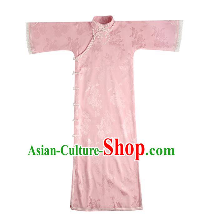 China Women Clothing Wide Sleeve Cheongsam Traditional Embroidered Pink Qipao Classical Chrysanthemum Pattern Dress
