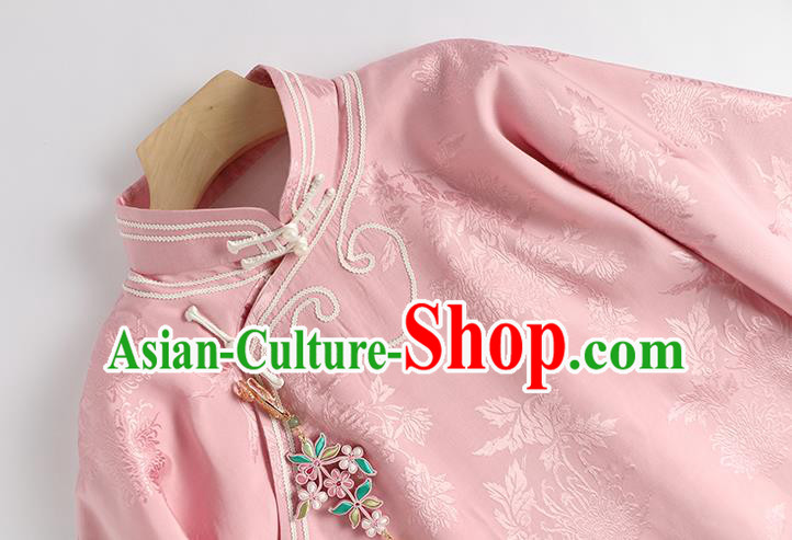 China Women Clothing Wide Sleeve Cheongsam Traditional Embroidered Pink Qipao Classical Chrysanthemum Pattern Dress