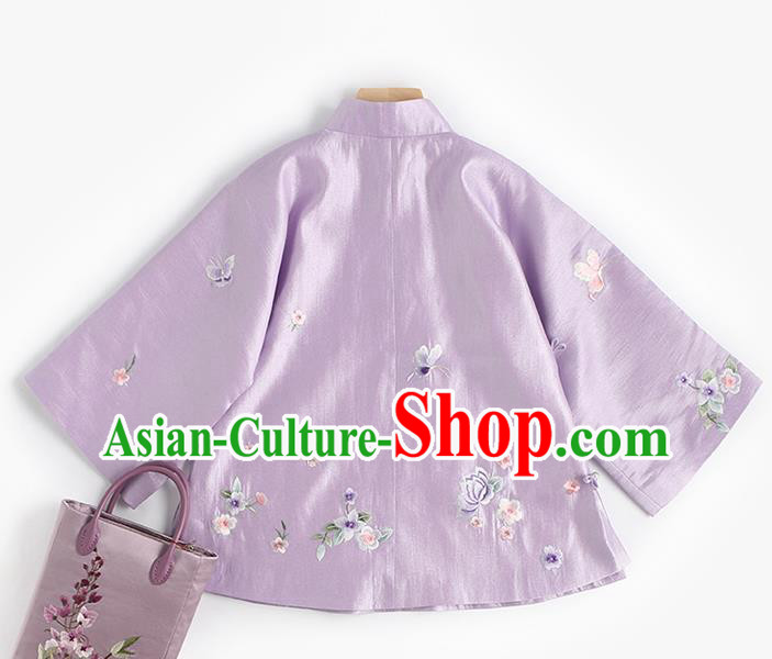 Chinese Embroidered Shirt Women Upper Outer Garment Traditional Costume Tang Suit Lilac Silk Blouse