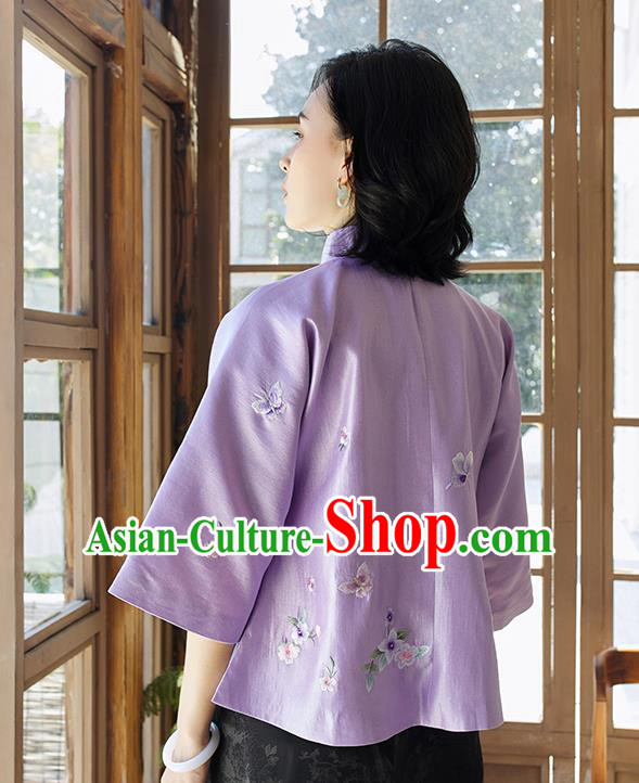 Chinese Embroidered Shirt Women Upper Outer Garment Traditional Costume Tang Suit Lilac Silk Blouse