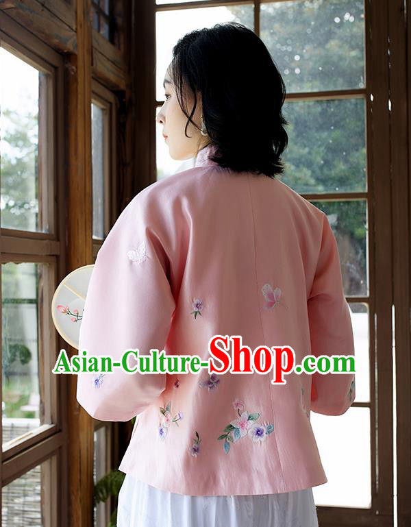 Chinese Traditional Embroidered Pink Shirt Tang Suit Blouse Women Upper Outer Garment Costume