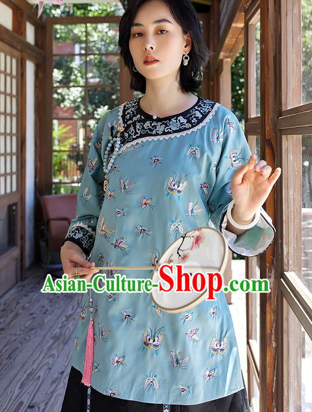 Chinese Traditional Qing Dynasty Women Upper Outer Garment Tang Suit Blouse Costume Embroidered Butterfly Blue Shirt