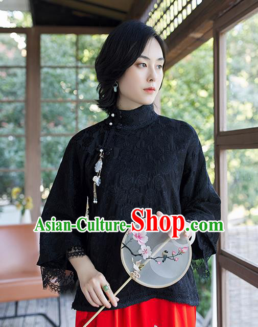 Chinese Tang Suit Upper Outer Garment Traditional Black Lace Blouse Costume Jacquard Shirt