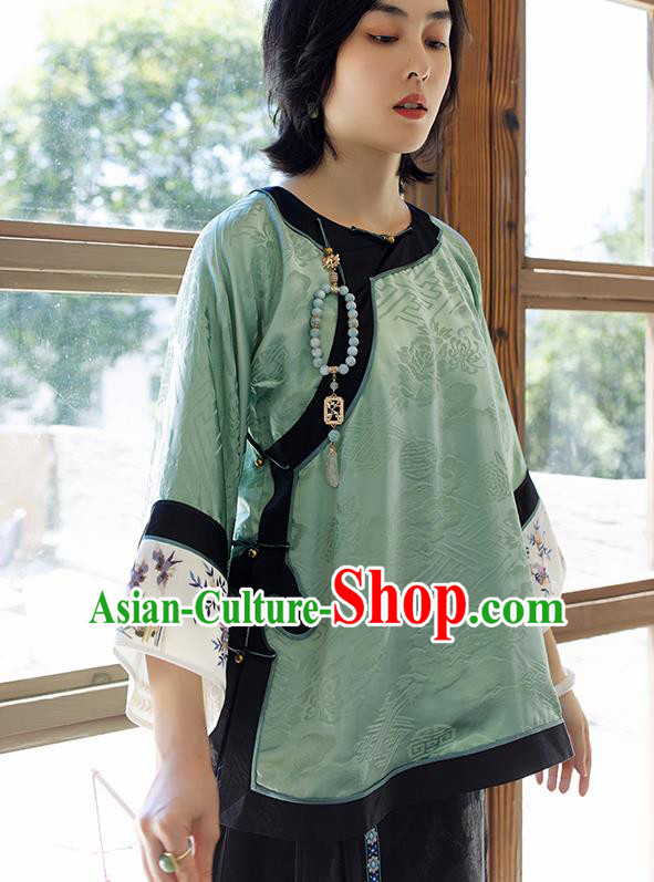Chinese Traditional Qing Dynasty Costume Tang Suit Shirt Upper Outer Garment Embroidered Green Silk Blouse
