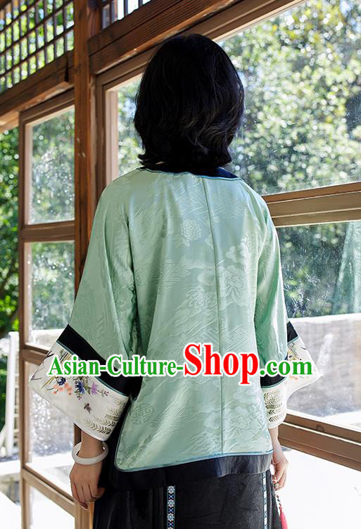 Chinese Traditional Qing Dynasty Costume Tang Suit Shirt Upper Outer Garment Embroidered Green Silk Blouse