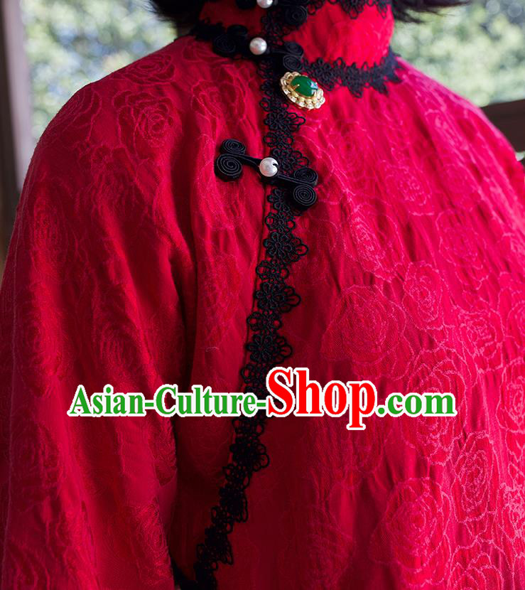 Chinese Jacquard Shirt Tang Suit Upper Outer Garment Traditional Red Lace Blouse Costume