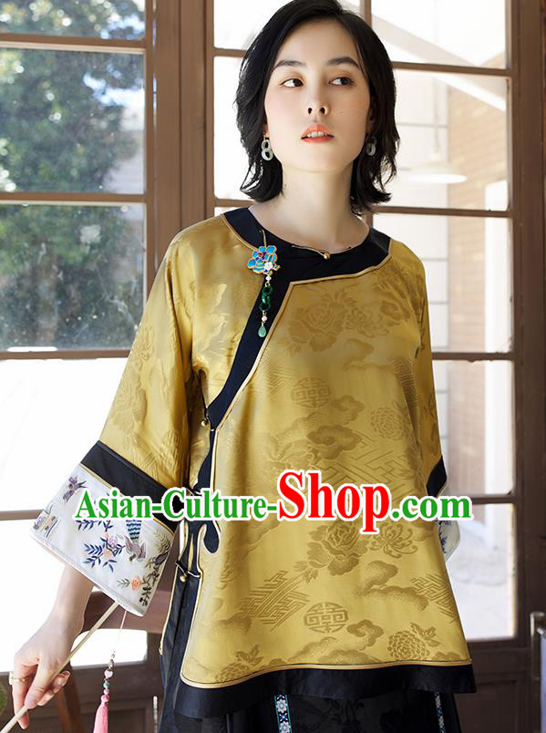 Chinese Tang Suit Shirt Upper Outer Garment Embroidered Yellow Silk Blouse Traditional Qing Dynasty Costume
