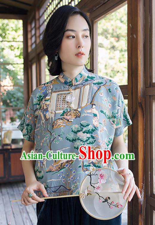 Chinese Tang Suit Upper Outer Garment Traditional Costume Printing Blue Blouse