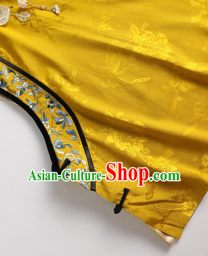 Chinese Traditional Waistcoat Costume Tang Suit Upper Outer Garment Qing Dynasty Yellow Vest