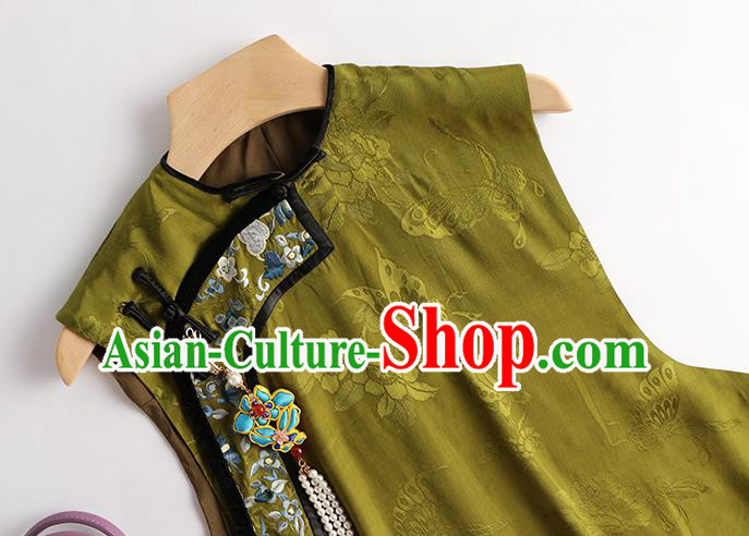 Chinese Traditional Waistcoat Costume Qing Dynasty Olive Green Vest Tang Suit Upper Outer Garment