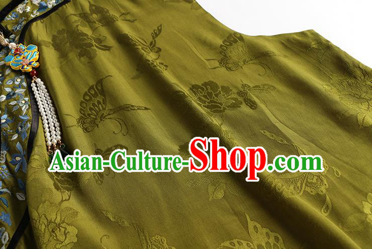 Chinese Traditional Waistcoat Costume Qing Dynasty Olive Green Vest Tang Suit Upper Outer Garment