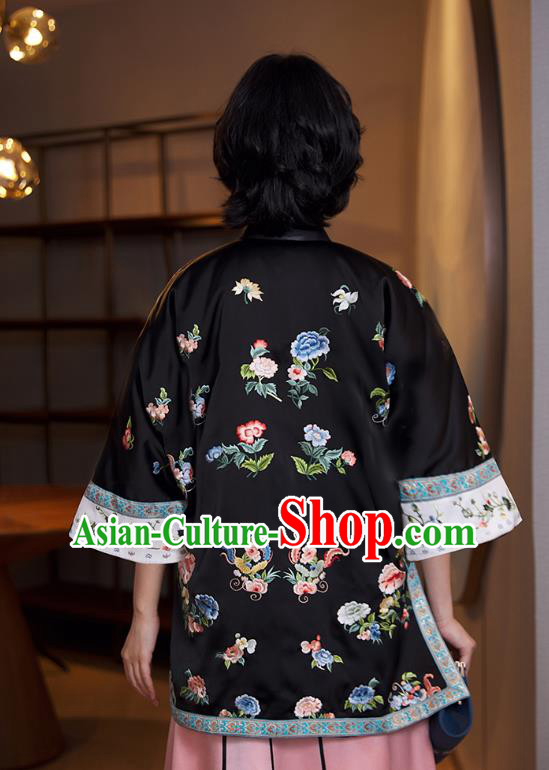 Chinese Qing Dynasty Court Women Black Shirt Tang Suit Upper Outer Garment Traditional Embroidered Blouse Costume
