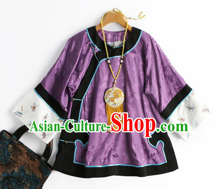 Chinese Traditional Embroidered Costume Tang Suit Blouse Upper Outer Garment Qing Dynasty Classical Purple Silk Shirt