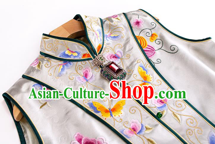 Chinese Traditional Tang Suit Light Green Long Vest Qing Dynasty Classical Embroidered Silk Waistcoat Costume