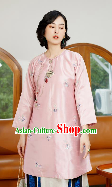 Chinese Tang Suit Costume Traditional Pink Shirt Classical Embroidered Blouse