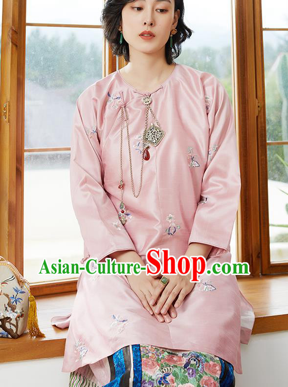 Chinese Tang Suit Costume Traditional Pink Shirt Classical Embroidered Blouse