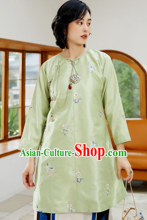Chinese Classical Embroidered Blouse Tang Suit Costume Traditional Light Green Shirt