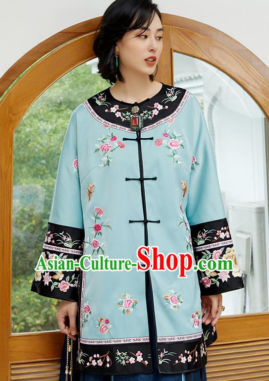 Chinese Classical Embroidered Blue Silk Blouse Tang Suit Costume Traditional Qing Dynasty Women Shirt
