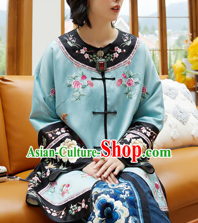 Chinese Classical Embroidered Blue Silk Blouse Tang Suit Costume Traditional Qing Dynasty Women Shirt