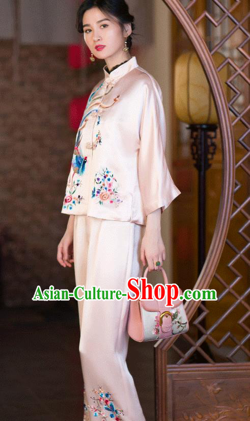 Chinese Tang Suit Pink Satin Shirt Upper Outer Garment Traditional Costume Embroidered Phoenix Blouse